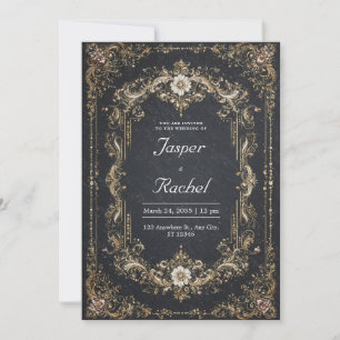 Convite Opulento Barroco Preto Dourado Floral Branco Casam