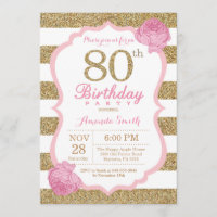 Convite oral de aniversário de 80, rosa e Dourado