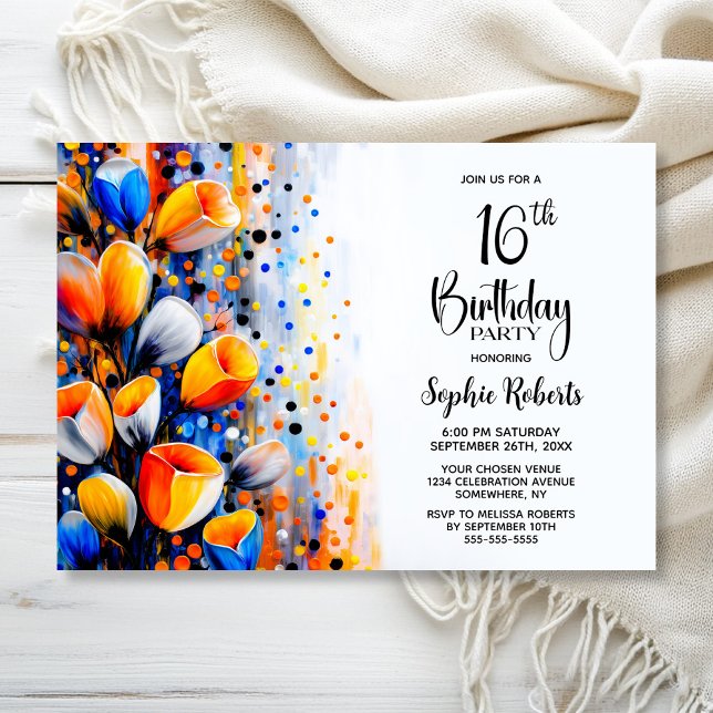 Convite Orange and Blue Floral 16th Birthday Party (Criador carregado)