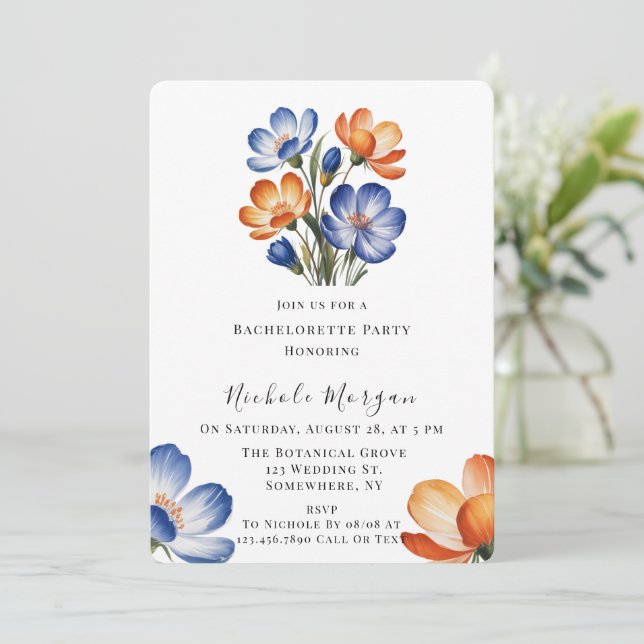 Convite Orange and Cobalt Blue Floral Bachelorette Party (Em pé/Frente)