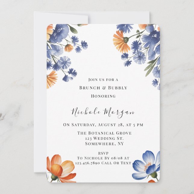 Convite Orange and Cobalt Blue Floral Brunch & Bubbly (Frente)
