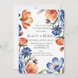 Convite Orange and Cobalt Blue Floral Couples Shower
