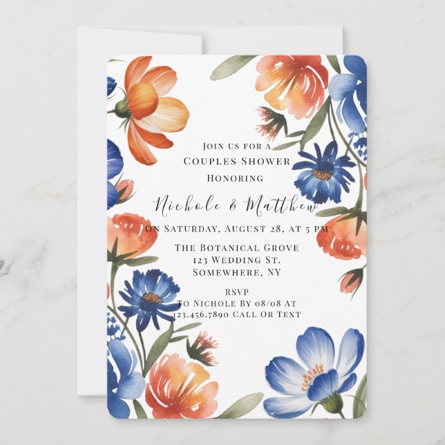 Convite Orange and Cobalt Blue Floral Couples Shower (Frente)