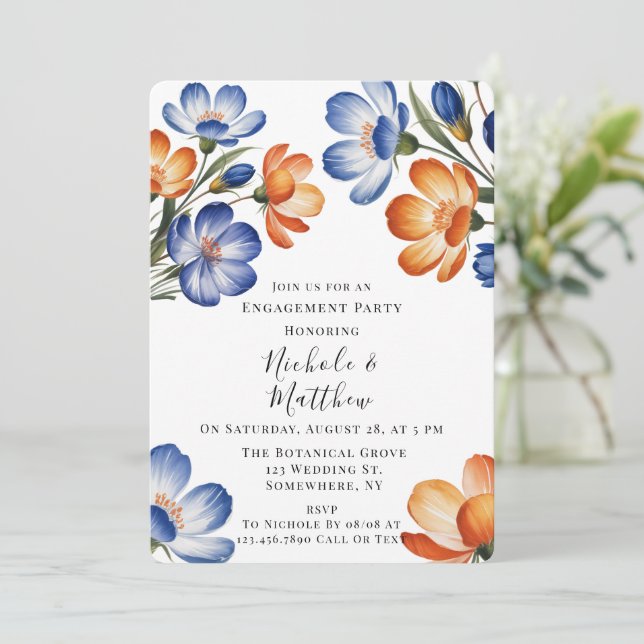 Convite Orange and Cobalt Blue Floral Engagement Party (Em pé/Frente)