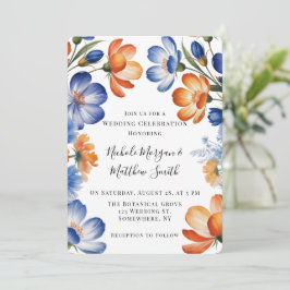 Convite Orange and Cobalt Blue Floral Wedding Celebration