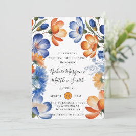 Convite Orange and Cobalt Blue Floral Wedding Celebration