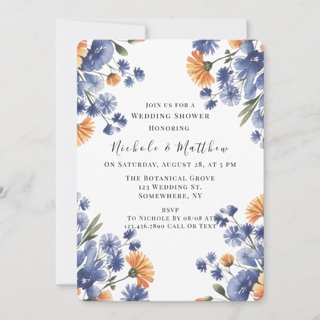 Convite Orange and Cobalt Blue Floral Wedding Shower (Frente)
