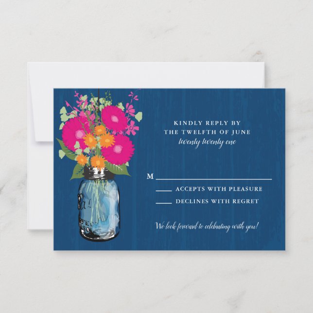 Convite Orange and Pink Gerber Daisies Mason Jar RSVP Invi (Frente)