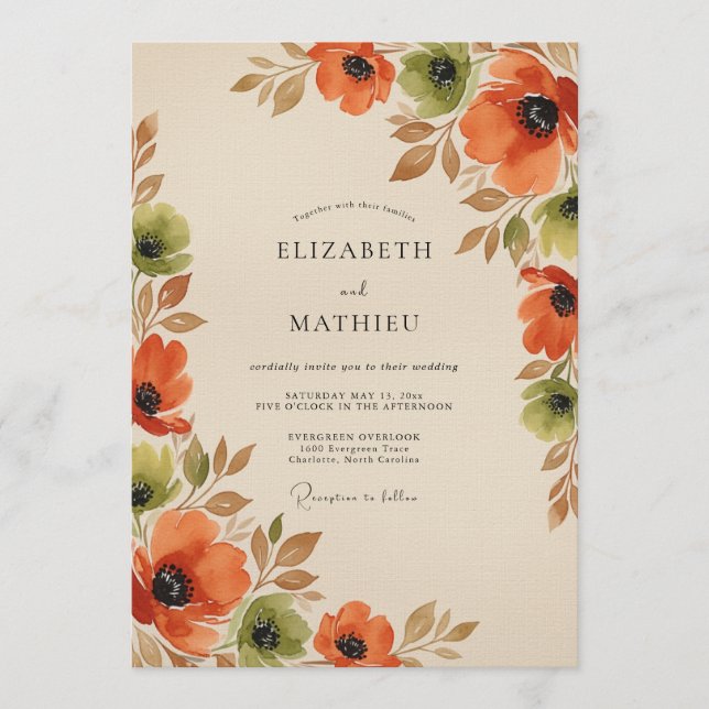 Convite Orange Autumn Floral Romance Wedding (Frente)