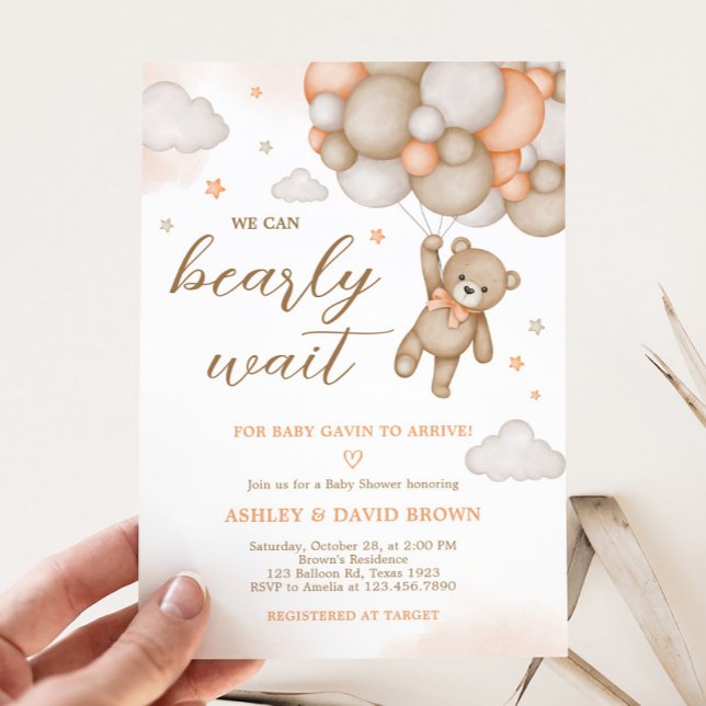 Convite Orange Bear Balloons Baby Shower  (Bearly Wait Bear Baby Shower Invitation)