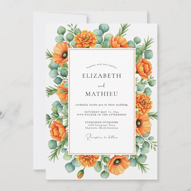 Convite Orange Blissful Botanical Wedding (Frente)
