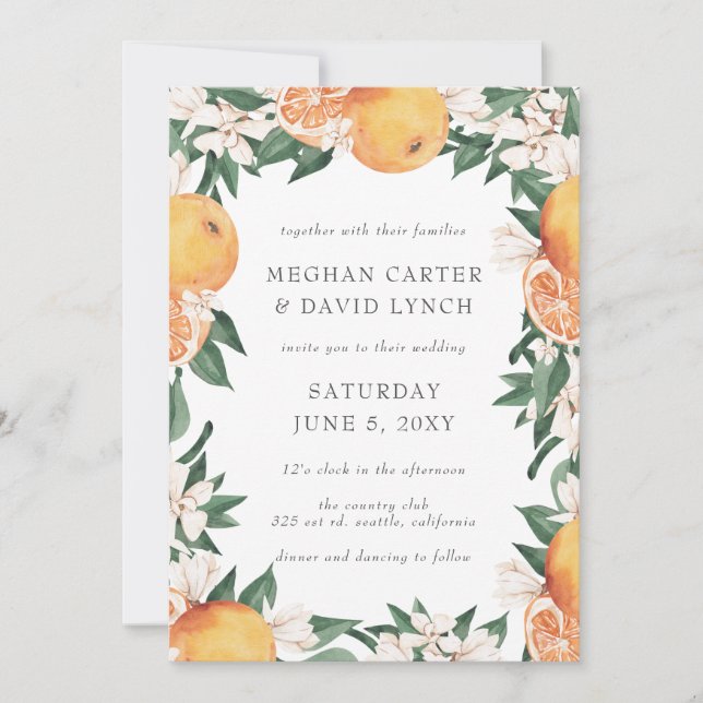 Convite Orange Blossoms Citrus Botanical Wedding  (Frente)