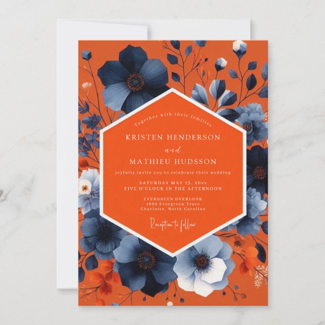 Convite Orange Blue Floral Autumn Wedding (Frente)