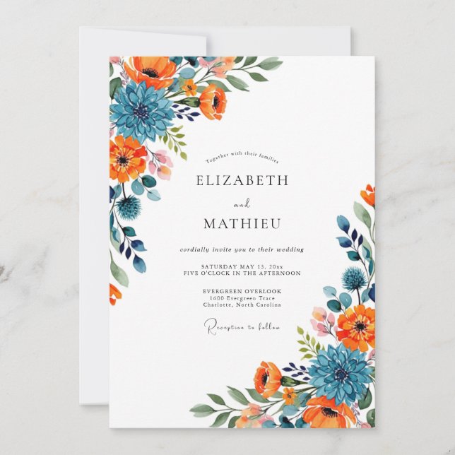 Convite Orange Blue Floral Flourish Wedding (Frente)
