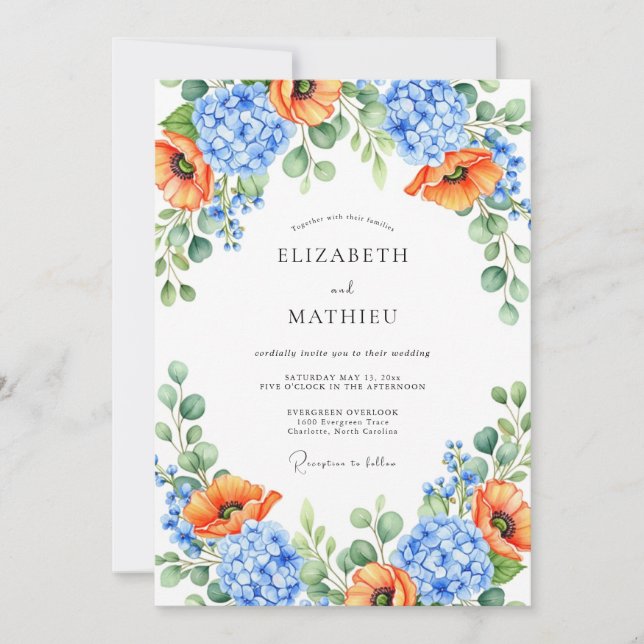 Convite Orange Blue Floral Spring Wedding (Frente)