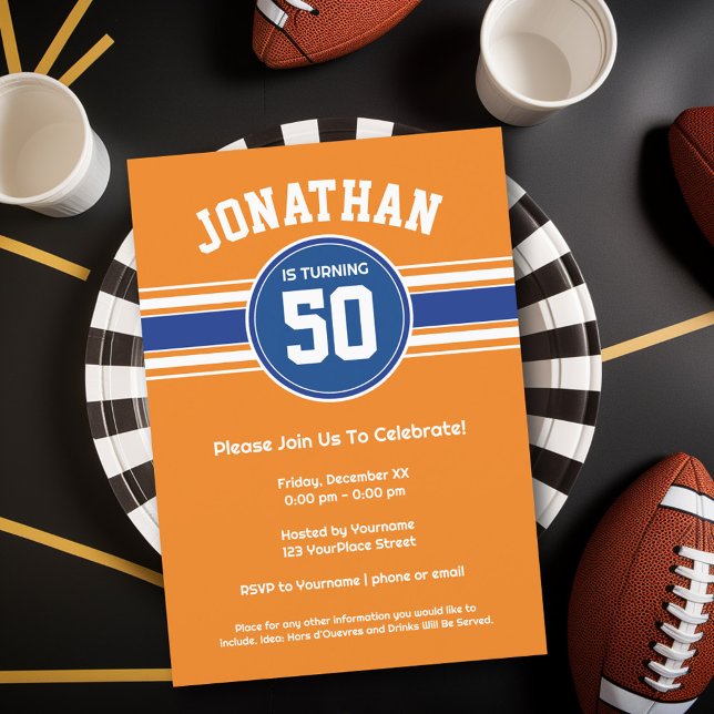 Convite Orange Blue Sports Jersey Festa de aniversário (Birthday Party Invitation - Sports Theme - Football Party Invitation)