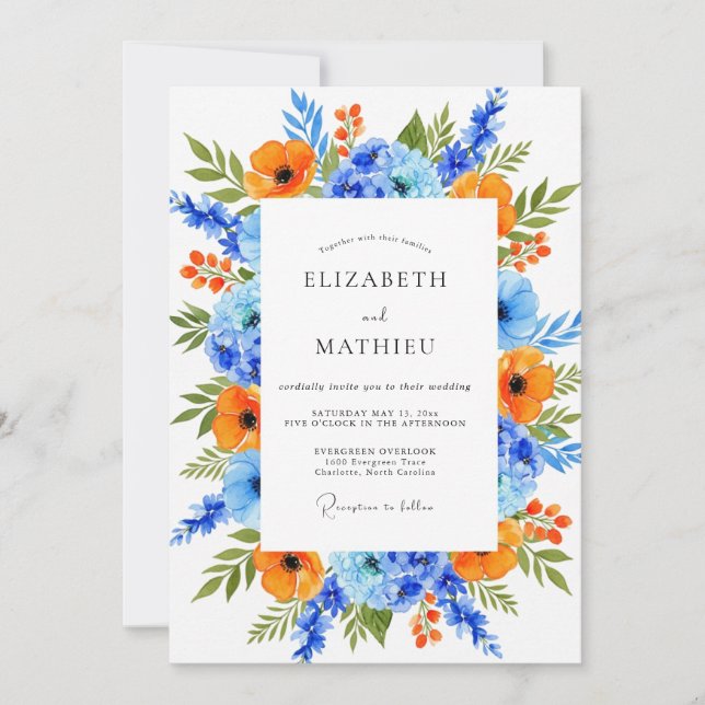 Convite Orange Blue Vibrant Floral Wedding (Frente)