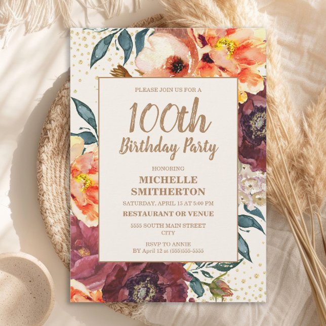 Convite Orange Burgundy Fall Floral Dourada Glitter 100th (Orange and burgundy watercolor floral 100th birthday party invitation)