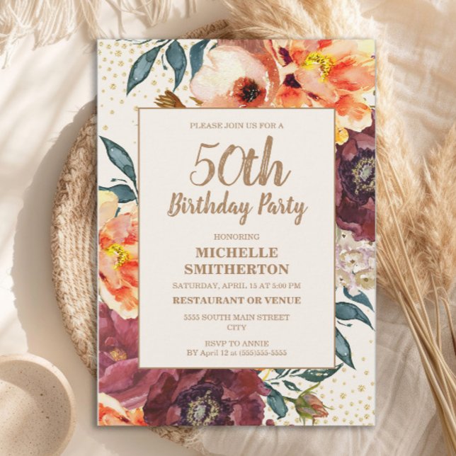 Convite Orange Burgundy Fall Floral Dourada Glitter 50th (Orange and burgundy floral 50th birthday party invitation)