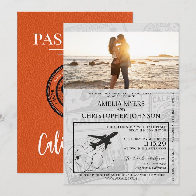 Convite Orange California Passport Wedding (Frente/Verso)