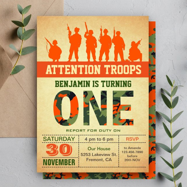 Convite Orange Camo Camouflage First Birthday Invitation (Criador carregado)