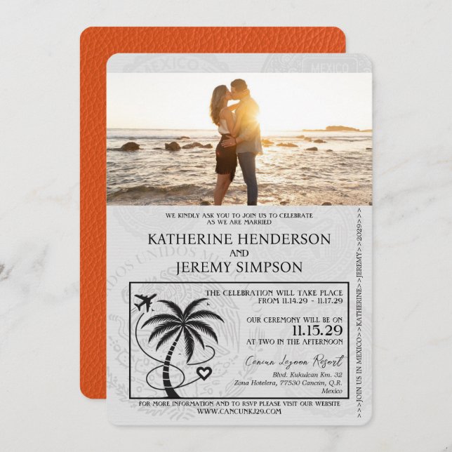Convite Orange Cancun Passport Wedding (Frente/Verso)