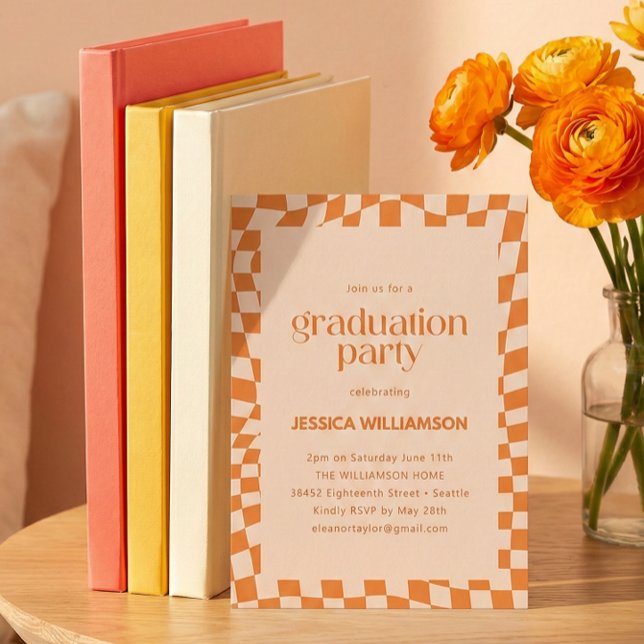 Convite Orange Checker Modern Graduation Party 2026 (Criador carregado)