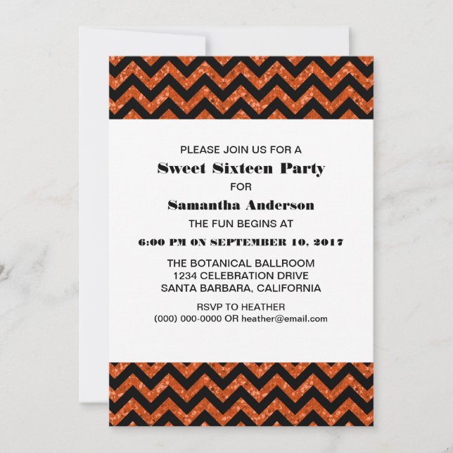 Convite Orange Chevron Glitter Sweet 16 Party Invite (Frente)