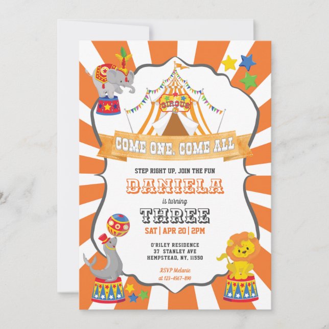 Convite Orange Circus Carnival Birthday (Frente)