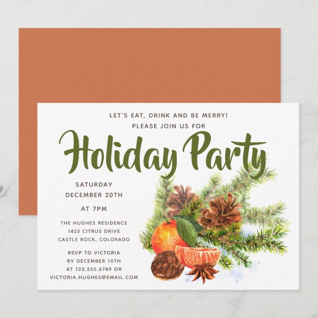 Convite Orange Citrus Holiday Party | Festa de Natal (Frente/Verso)