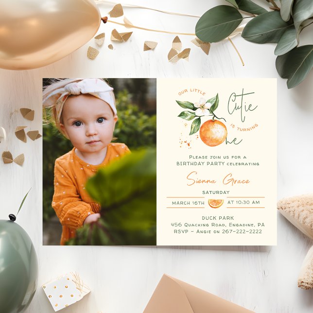 Convite Orange Citrus Little Cutie First Birthday Photo  (Criador carregado)