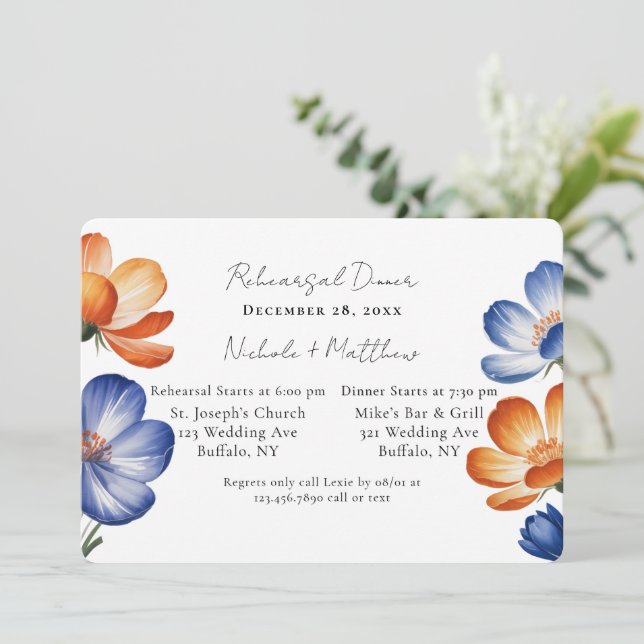 Convite Orange & Cobalt Blue Floral Rehearsal Dinner (Em pé/Frente)