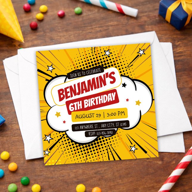 Convite Orange Comic Superhero Pop Art Kids 6th Birthday (Orange Comic Superhero Pop Art Kids 6th Birthday Invitation, Boy Birthday Invite)