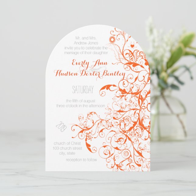 Convite Orange Coral Birds & Swirls Wedding Invitations (Em pé/Frente)