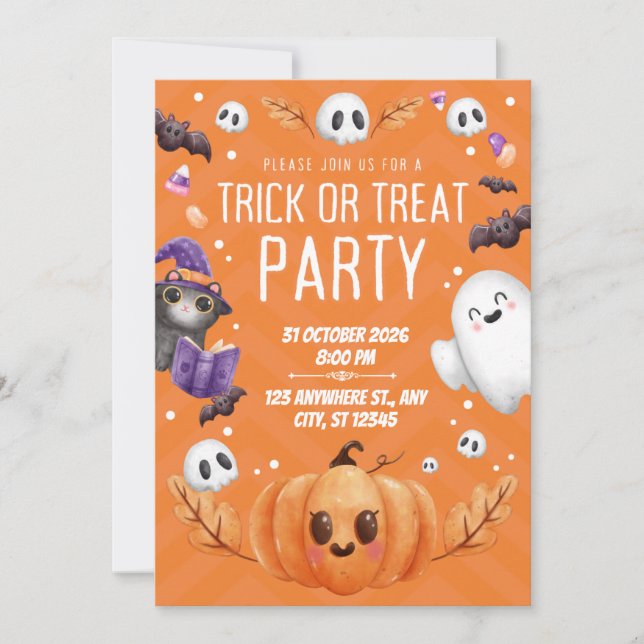 Convite Orange Cute Halloween Trick or Treat Party  (Frente)