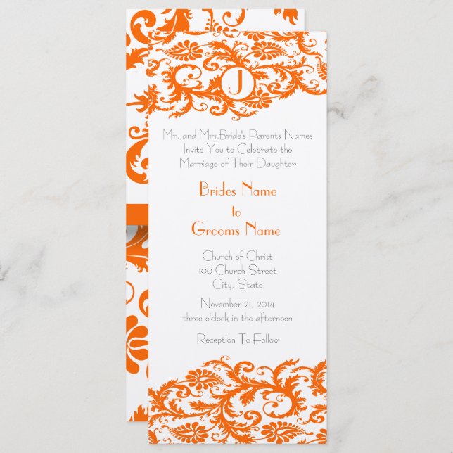 Convite Orange Damask Monogram Wedding Invitation (Frente/Verso)