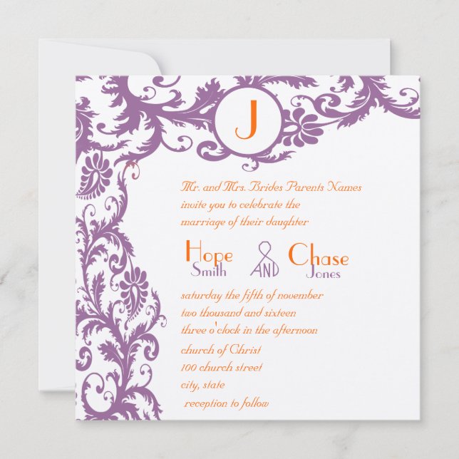 Convite Orange Damask Monogram Wedding Invitation (Frente)