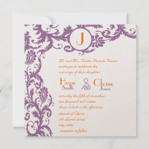 Convite Orange Damask Monogram Wedding Invitation
