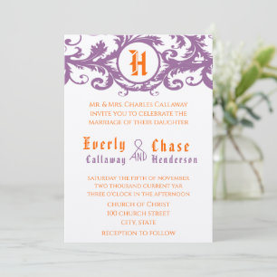 Convite Orange Damask Monogram Wedding Invitation