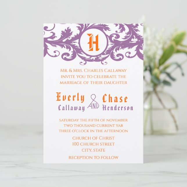 Convite Orange Damask Monogram Wedding Invitation (Em pé/Frente)