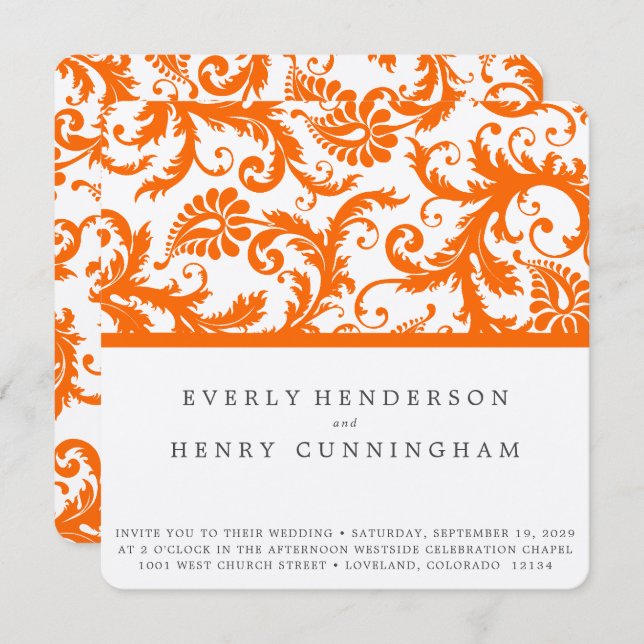 Convite Orange Damask Monograma Wedding (Frente/Verso)