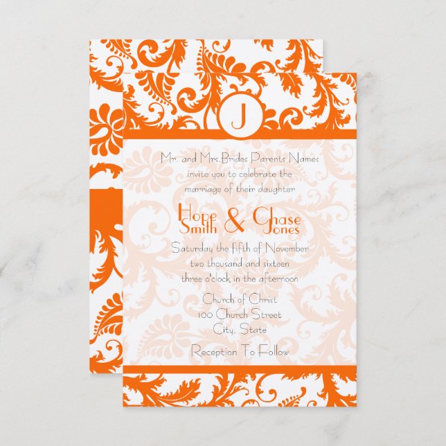 Convite Orange Damask Monograma WeddingRSVP (Frente/Verso)
