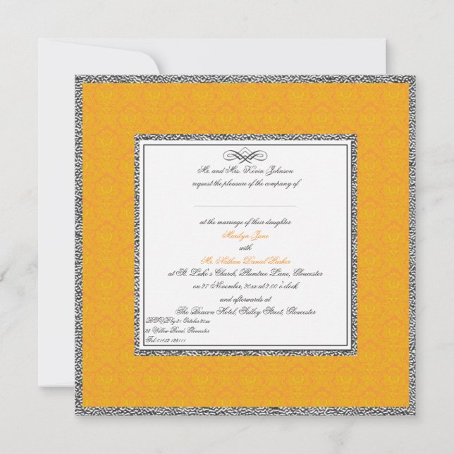 Convite Orange Damask with Pewter Reino Unido Wedding Invi (Frente)