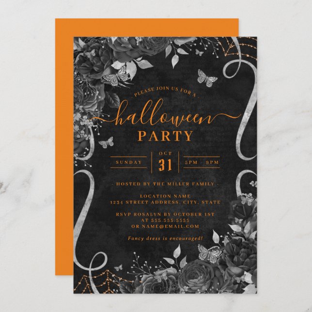 Convite Orange Dark Spooky Floral Scroll Festa de Hallowee (Frente/Verso)