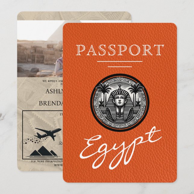 Convite Orange Egypt Passport Wedding Invitation (Frente/Verso)