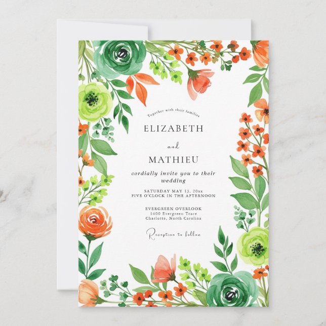 Convite Orange Emerald Green Sparkling Spring Wedding (Frente)