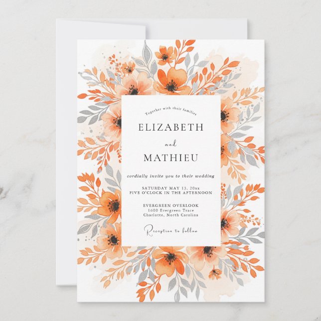 Convite Orange Exquisite Watercolor Wedding (Frente)