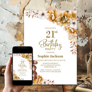 Convite Orange Floral aniversário de 21 anos