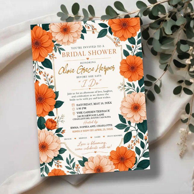 Convite Orange Floral Bride To Be Party Invite (Criador carregado)