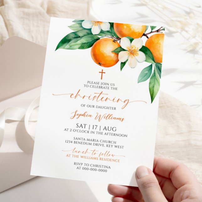 Convite Orange Floral Christening (Criador carregado)